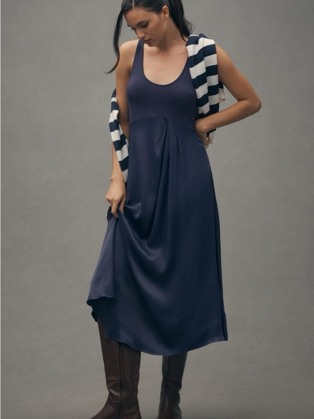 Anthropologie Womens Sleeveless Midi Dress Viscose Blend Navy